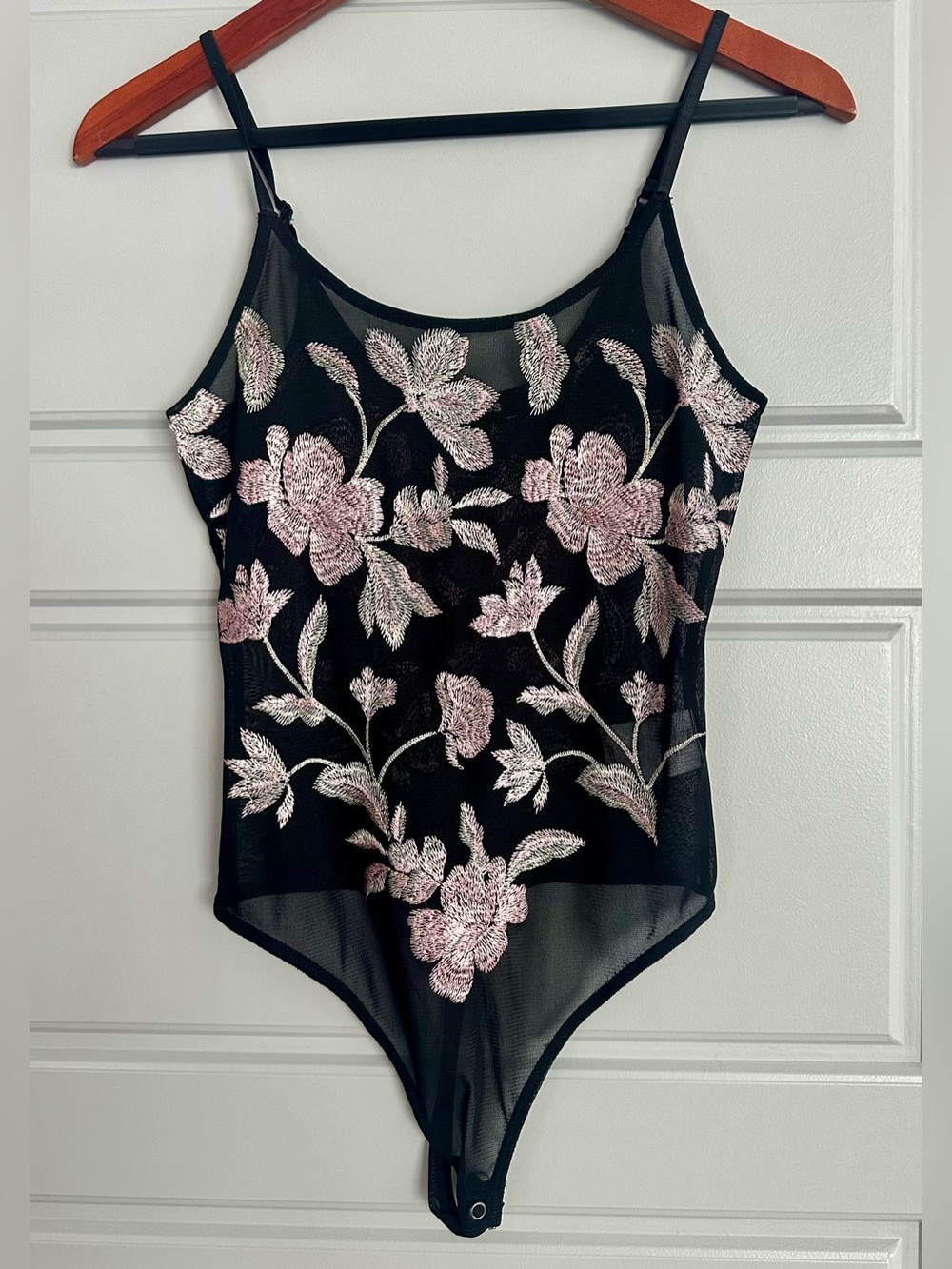 Express Black Mesh Floral Embroidered Bodysuit